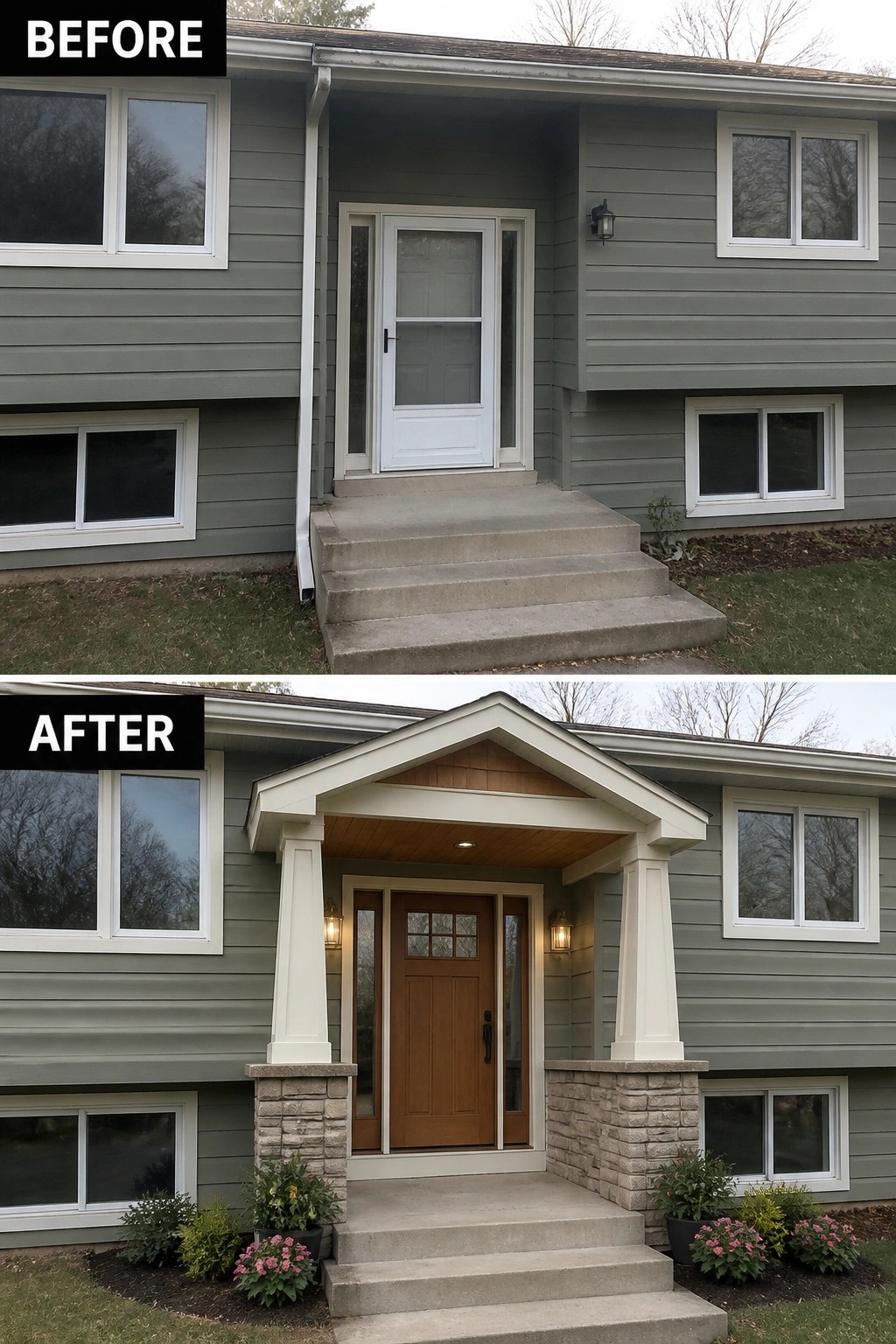 Before-and-after image of a split-level front entry showing a plain concrete stoop updated with a small gabled portico, tapered columns on stone bases, and a new wood front door.