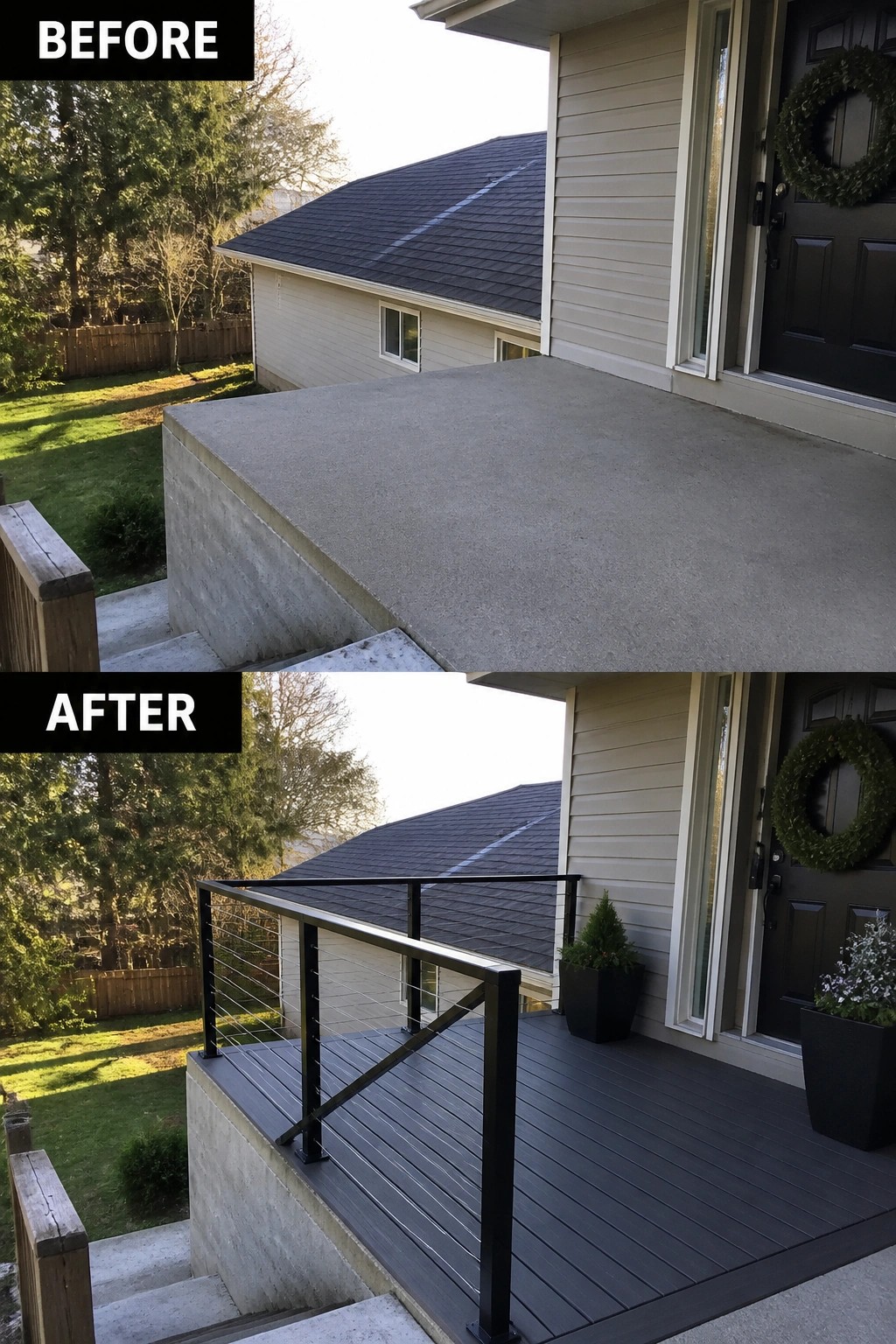 Before-and-after image of a plain concrete front porch updated with composite decking, a black metal cable railing, and potted plants.
