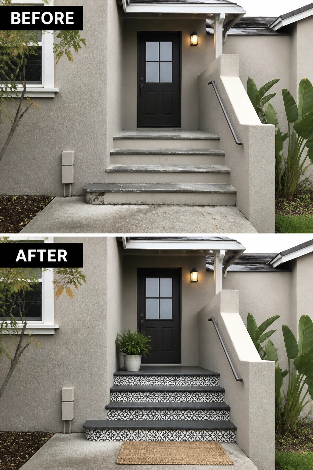 Before-and-after image of a plain front entry updated with patterned stair risers, a potted plant, and a welcome mat.