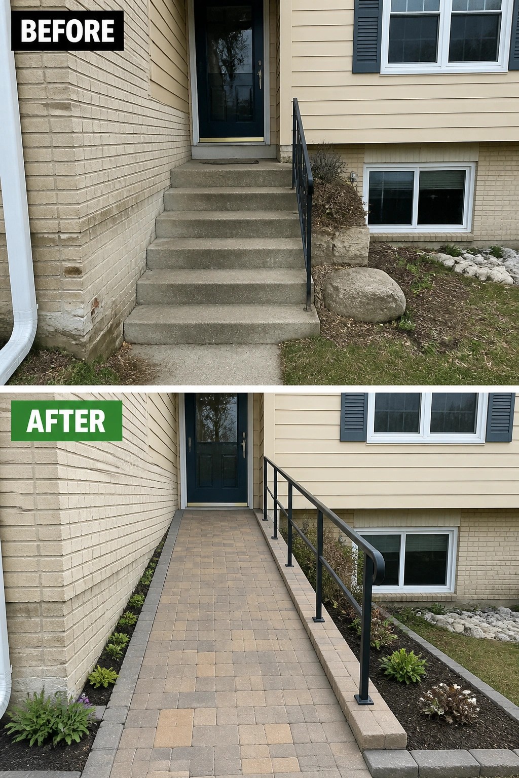 Before-and-after image of a split-level front entry where concrete steps were replaced by a paved walkway with a new metal handrail and low planting beds.
