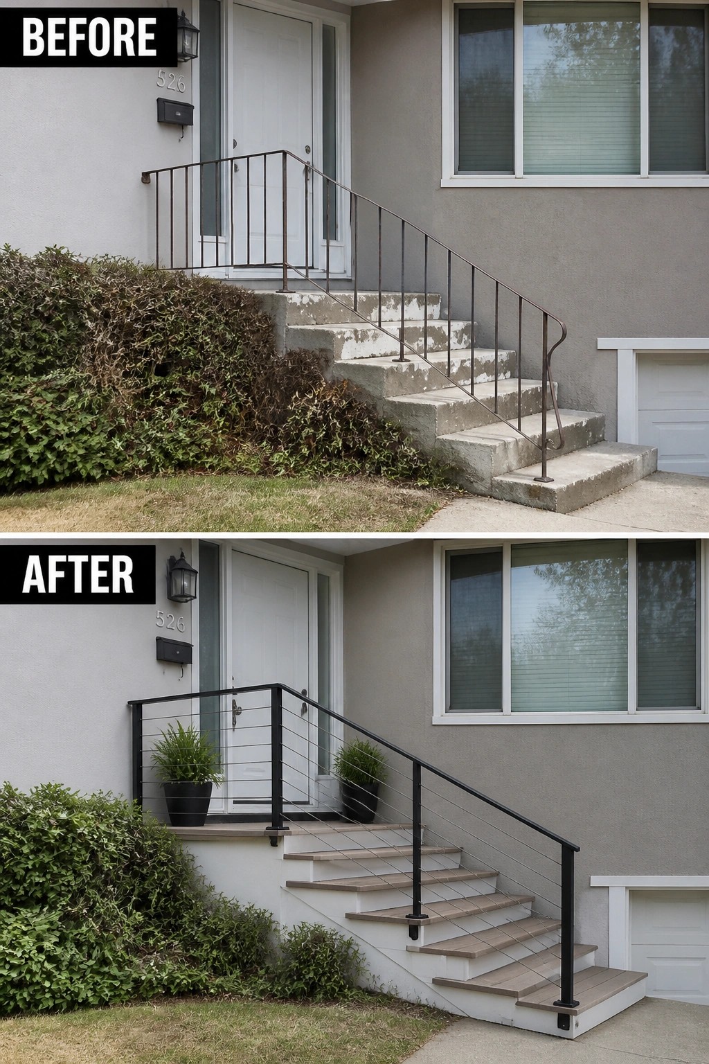 Before-and-after image of a split-level front entry showing worn concrete steps and an old metal railing replaced with new wood-look treads, a modern cable railing, and matching planters.