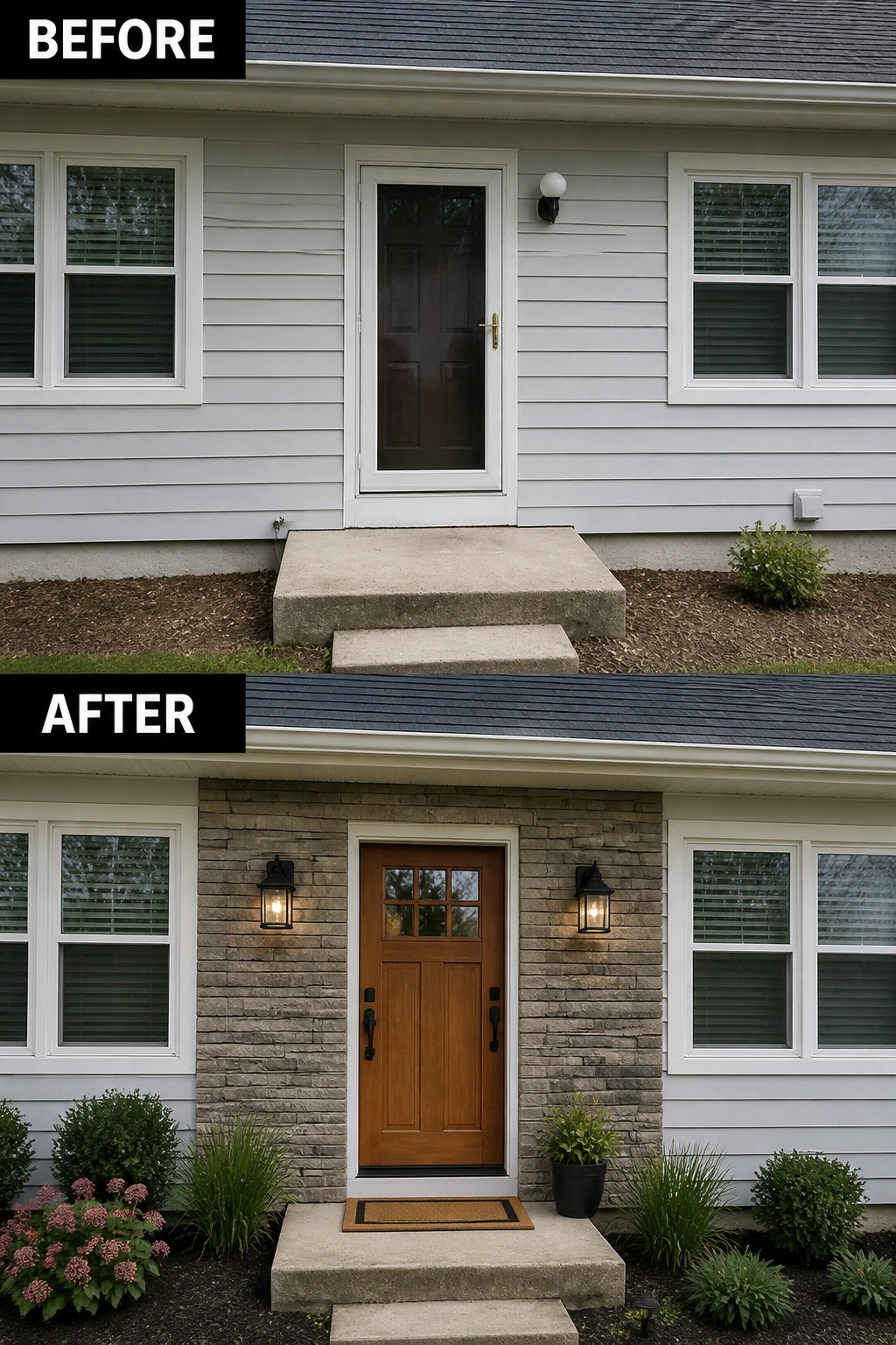 Before-and-after image of a plain front stoop updated with stone cladding, a new wood front door with glass panes, wall lanterns, a doormat, and potted plants.