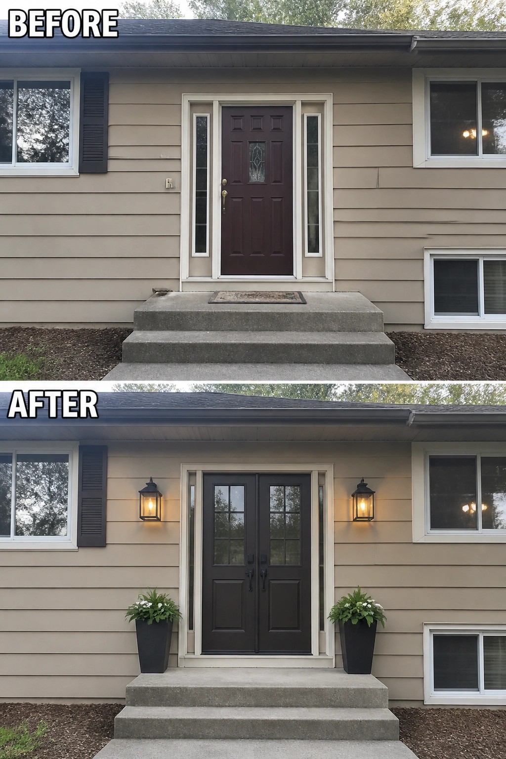 Before-and-after image of a split-level front entry where a plain single door and bare steps are updated with matching wall lanterns, tall potted plants, and a darker coordinated door.
