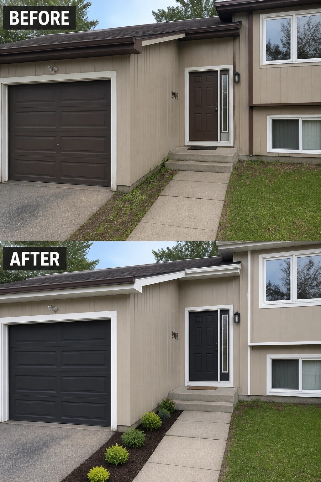 Before-and-after image of a split-level front entry updated with a darker front door, white trim, and a narrow mulched planting bed with low shrubs.