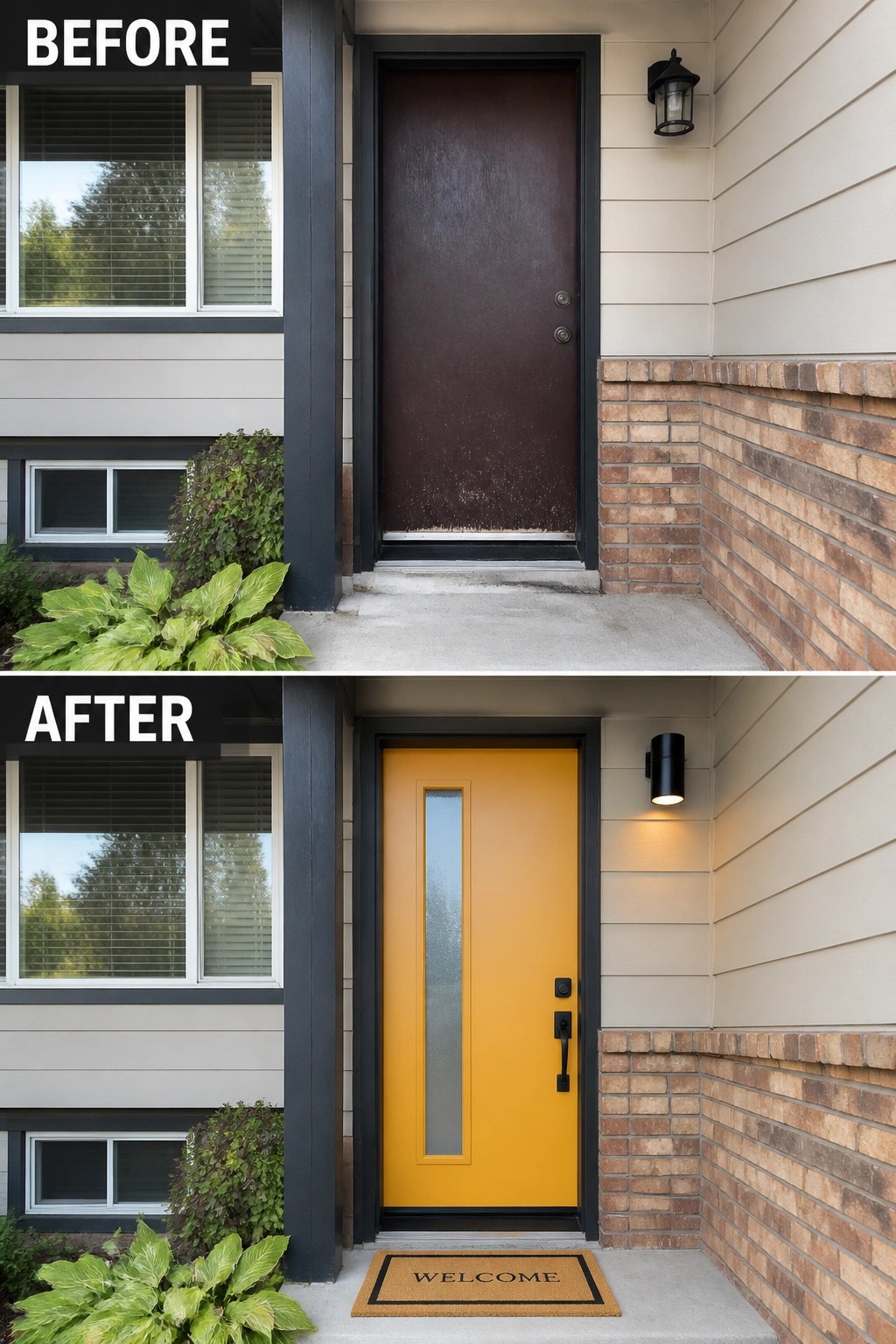 Before-and-after image of a front entry showing a worn dark door replaced by a bright yellow door with a vertical window, new handle, exterior light, and a welcome mat.