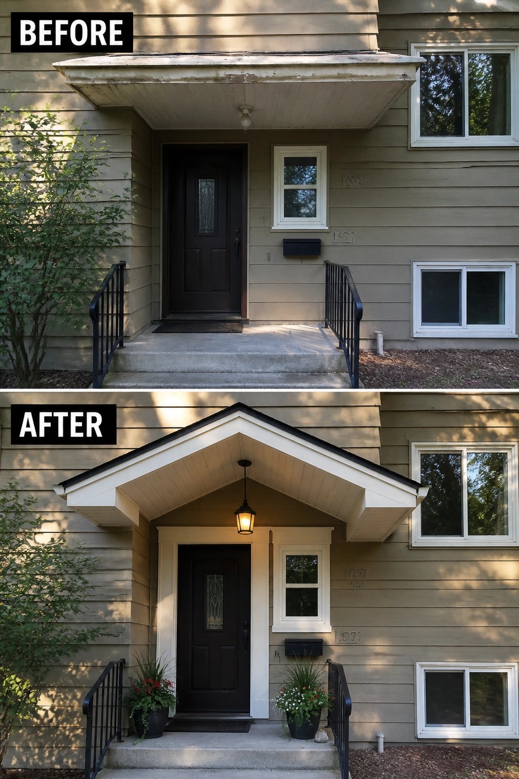 Before-and-after image of a split-level front entry where a shallow overhang is replaced by a small gabled porch with fresh trim and paired planters.