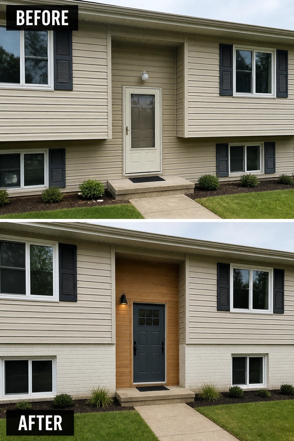 Before-and-after image of a split-level home showing a plain recessed entry updated by replacing the door with a dark paneled door and adding warm vertical cladding around the doorway.
