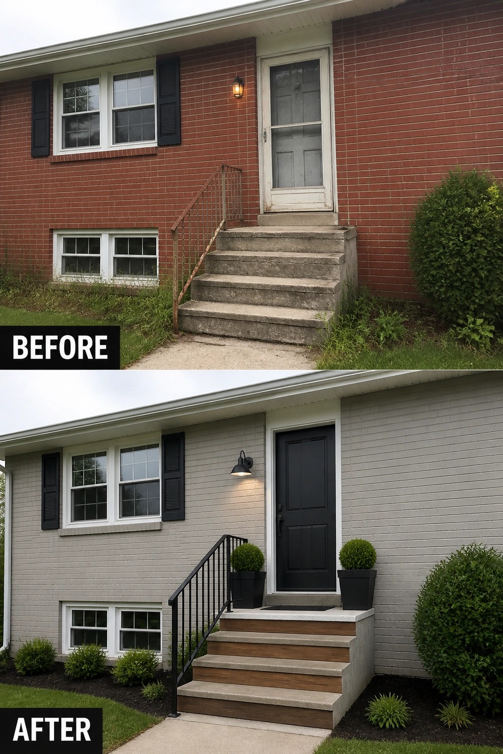 Before-and-after image of a split-level front entry where worn concrete steps and a faded door are updated