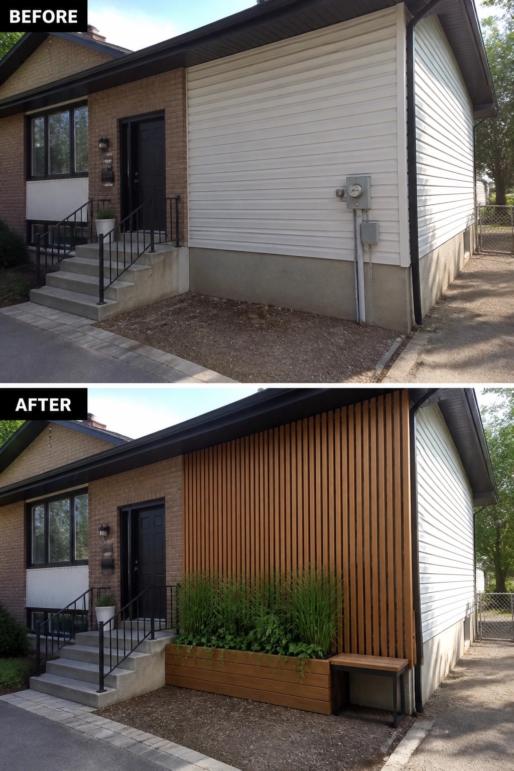 Before-and-after image of a split-level house where a plain siding wall next to the front door is updated with vertical wood slats, a long planter, and a small bench.