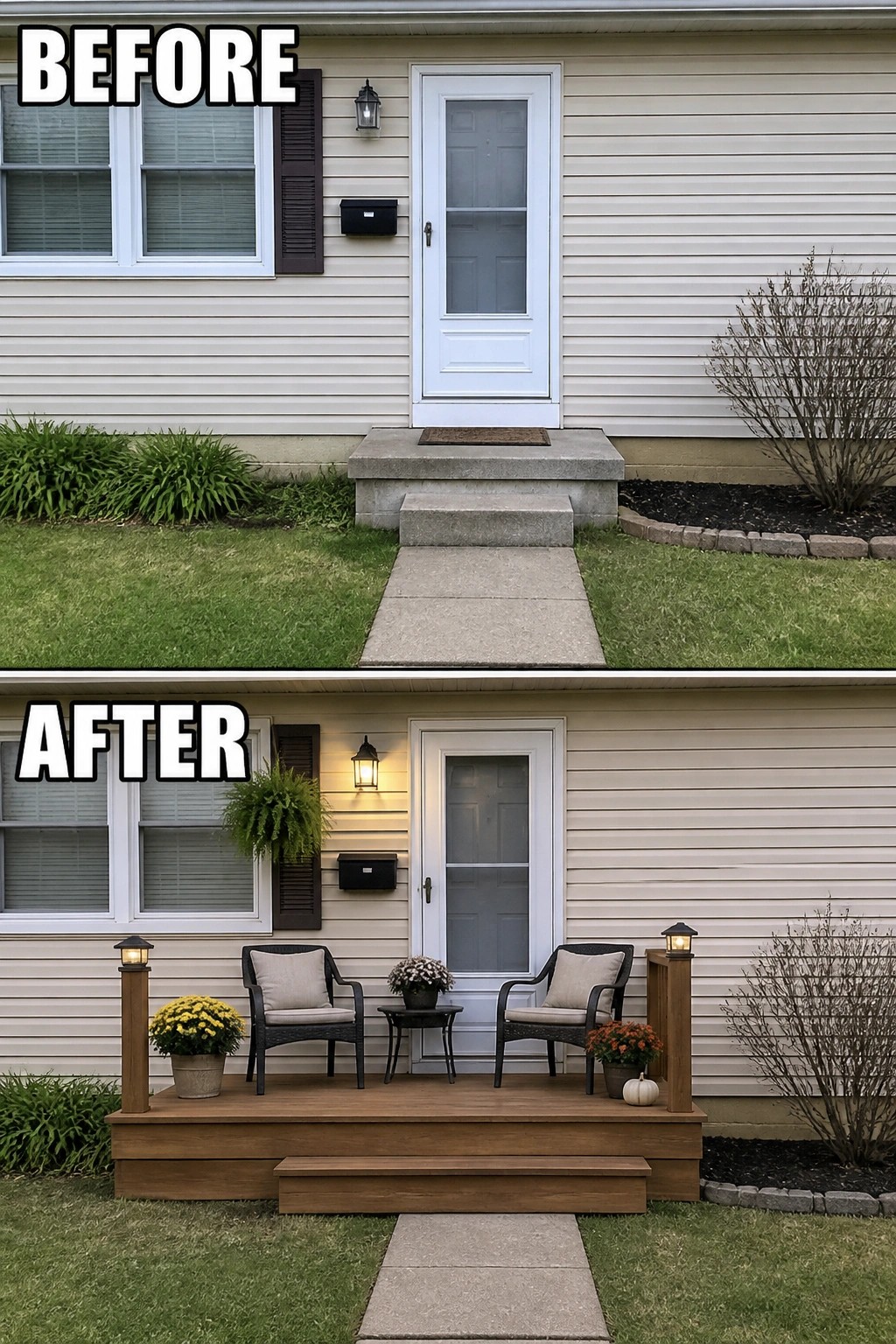 Before and after: plain concrete steps replaced by wooden deck, chairs, cushions, lanterns, potted flowers