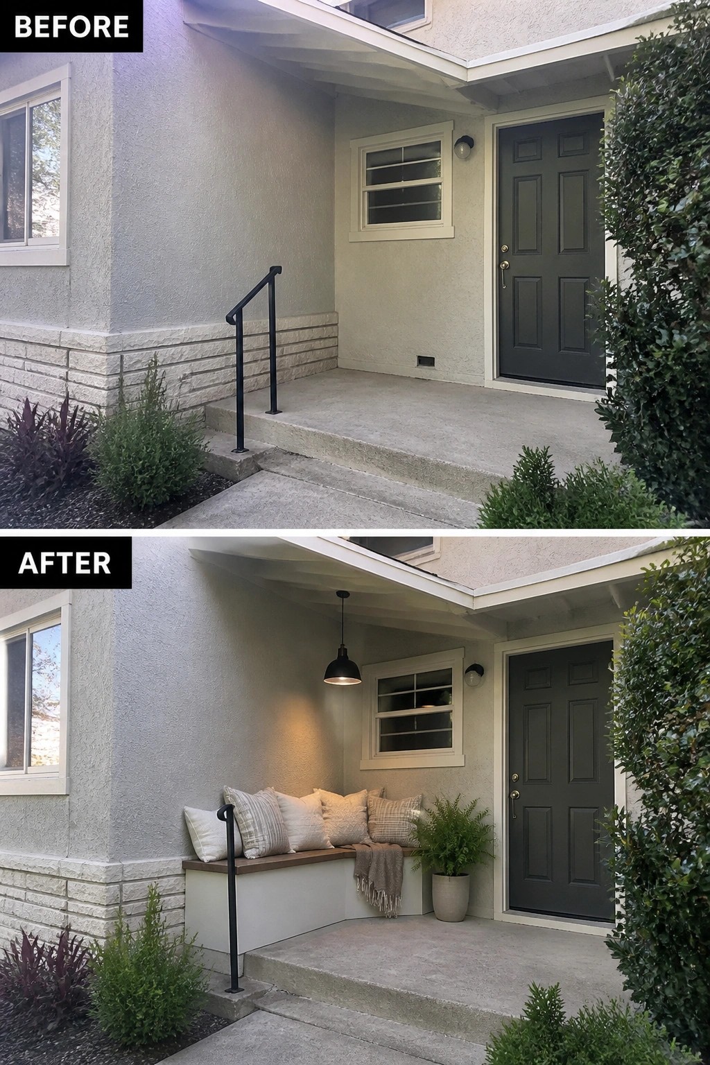 Before-and-after image of a plain front porch updated with a built-in bench, cushions, a hanging light, and a potted plant.