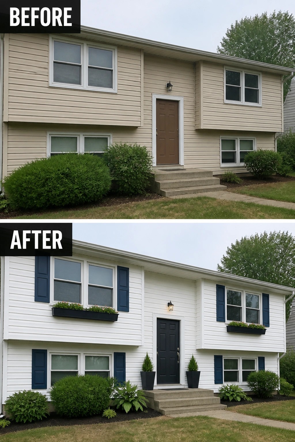 Before-and-after image of a split-level front exterior updated with a dark painted front door, blue shutters, window boxes under the upper windows, and matching potted planters by the entry.