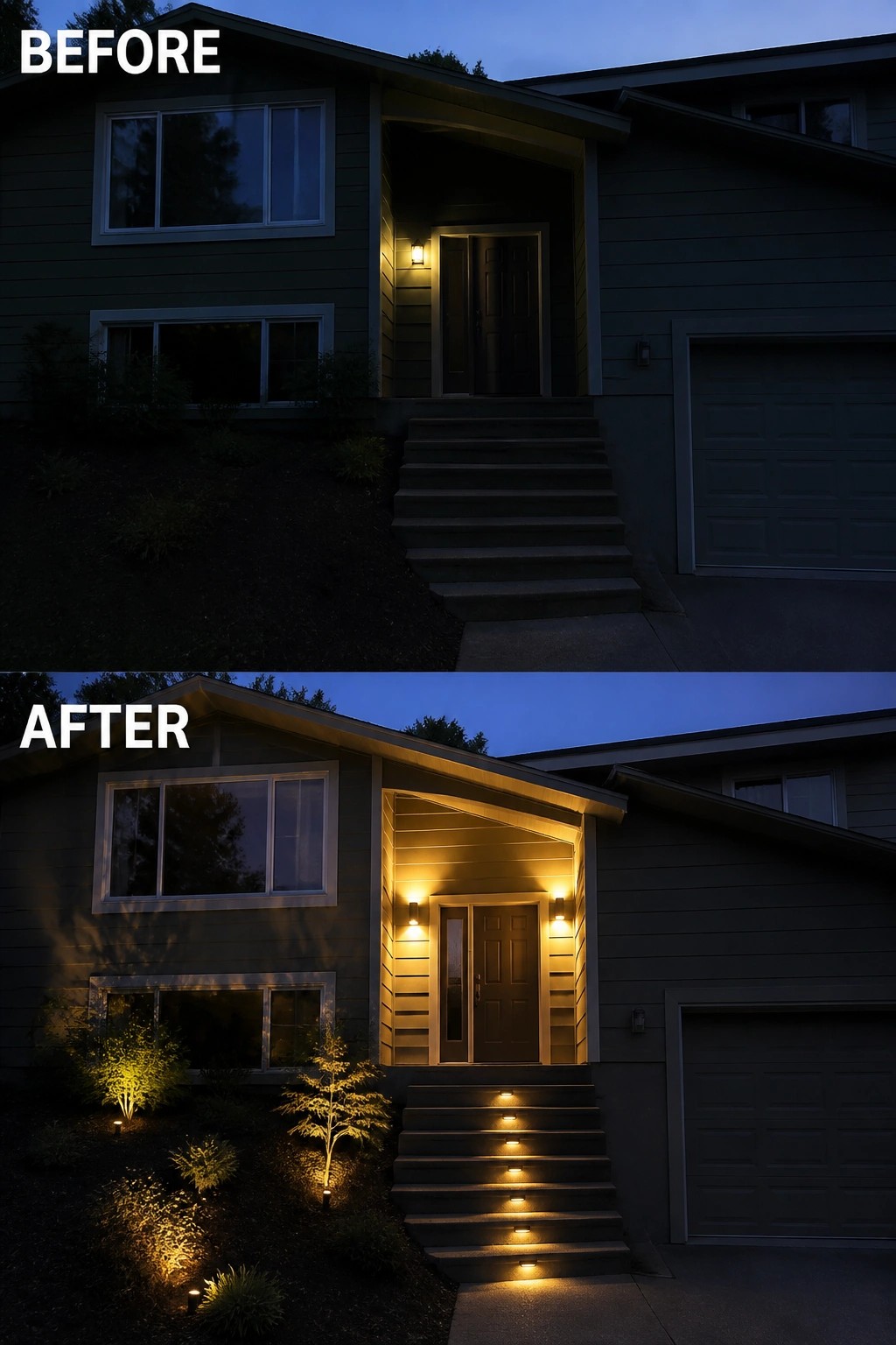 Before-and-after image of a split-level front entry changed from dark to lit with recessed step lights, wall sconces, and landscape uplighting.