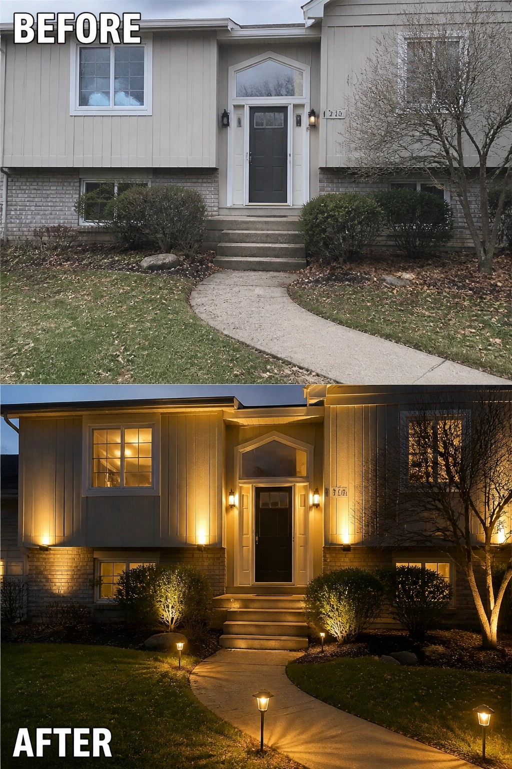 Before-and-after comparison: beige split-level house entrance, dark door, warm landscape lighting, pathway lights