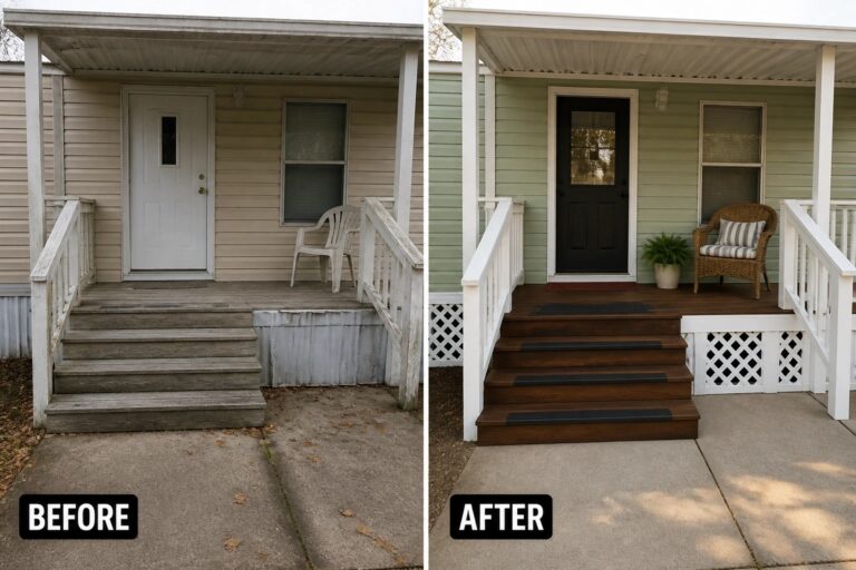 Before-and-after image of a plain mobile home porch updated with new stained steps, a dark front door,