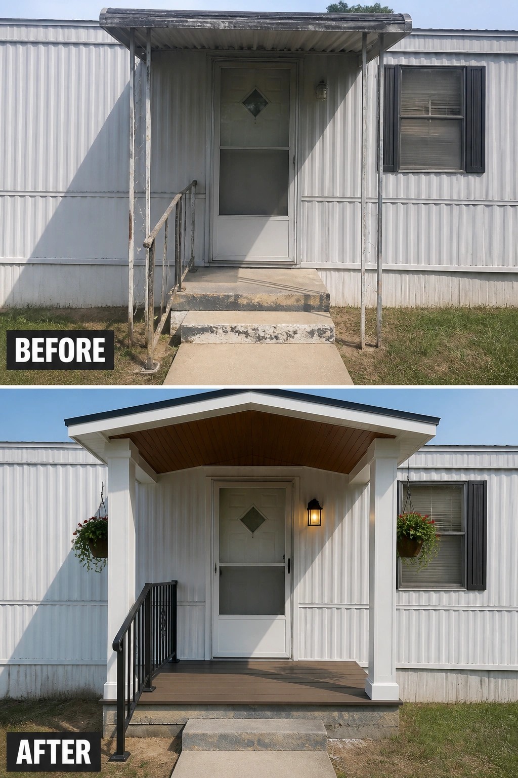 Before-and-after image of a plain mobile home entrance updated with a small covered porch, new decking, railing, and a wall light.