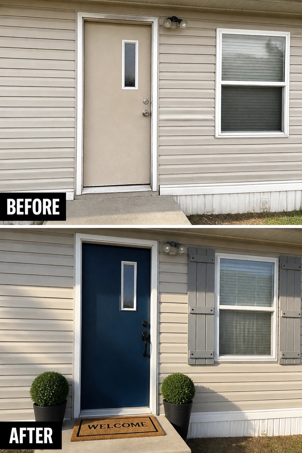 Before-and-after image of a plain mobile home front entry updated with a painted blue door, new hardware, shutters, planters, and a welcome mat.