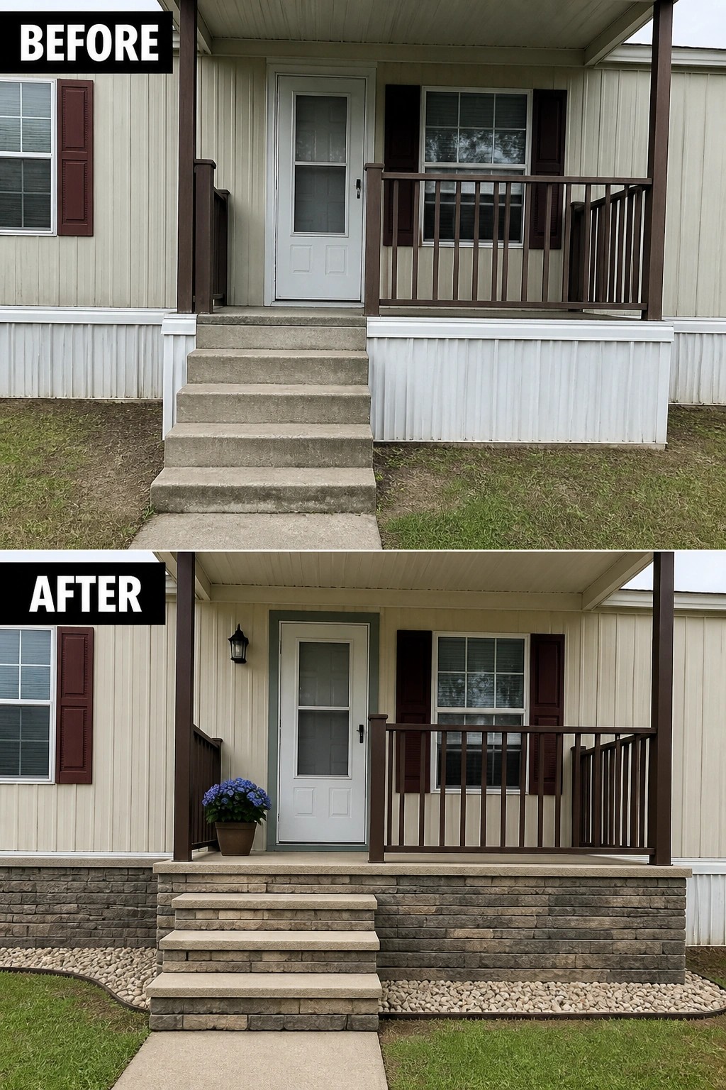 Before-and-after image of a plain mobile home porch updated with stone-clad skirting, new stacked steps, rock edging, a potted plant, and a porch light.