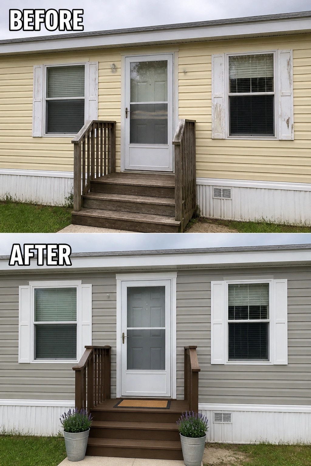 Before-and-after image of a mobile home front porch updated with new siding and trim, replaced steps and