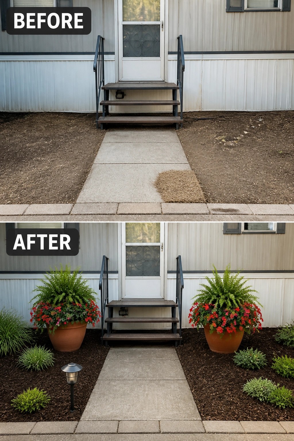 Before-and-after image of a bare mobile home porch updated with large potted plants, mulched planting beds, and small shrubs.
