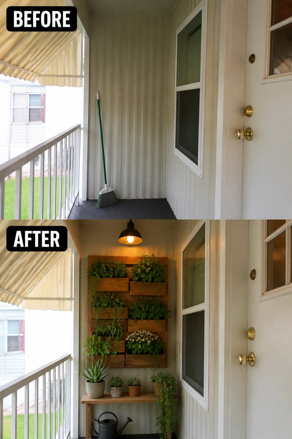 Before-and-after image of a narrow mobile home porch changed from an empty entry to a planted vertical garden with a bench, potted plants, and a hanging light.