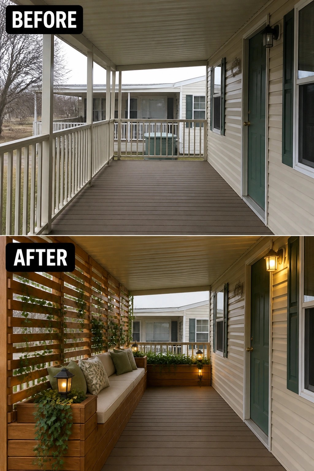 Before-and-after image of a plain covered porch updated with a slatted wood privacy screen, a built-in bench planter with cushions, and lantern lighting.