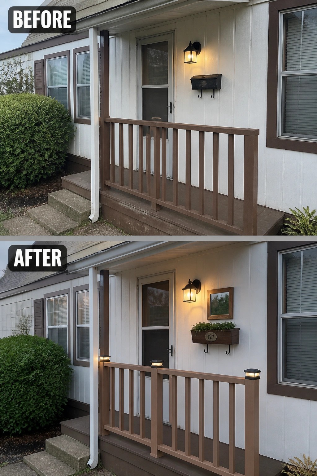 Before and after comparison showing white-sided porch with brown railing, lantern, planter, solar post lights