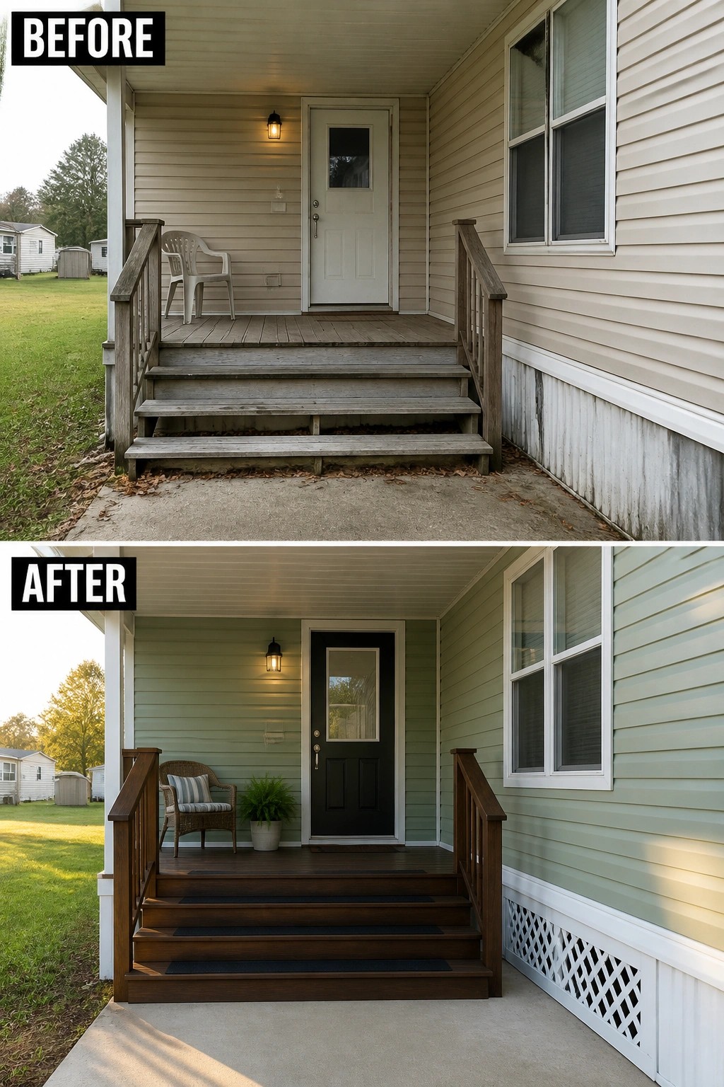 Before-and-after image of a plain mobile home porch updated with new stained steps, a dark front door,