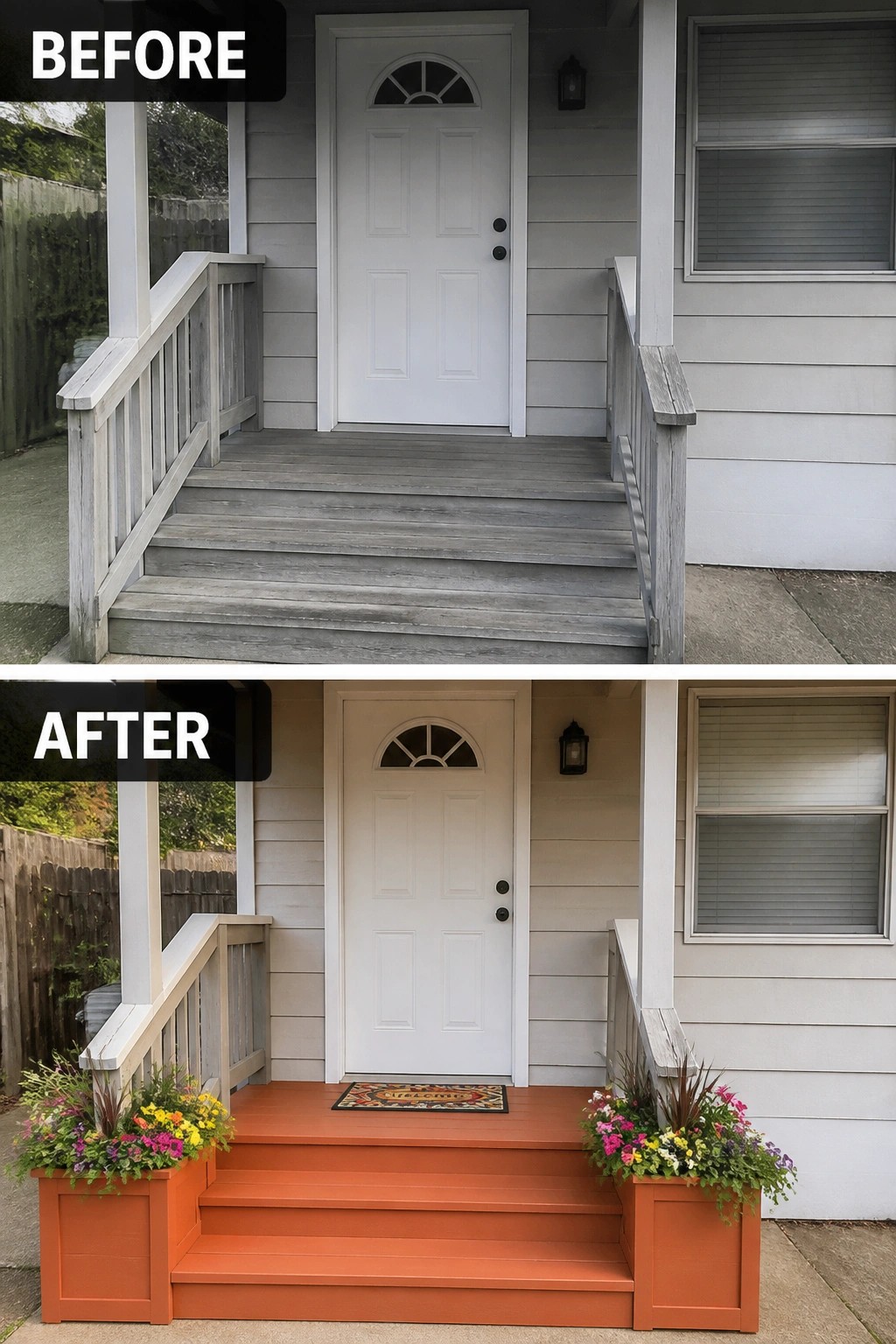 Before-and-after image of a bare front porch updated with painted steps, matching planters filled with flowers, and a doormat.