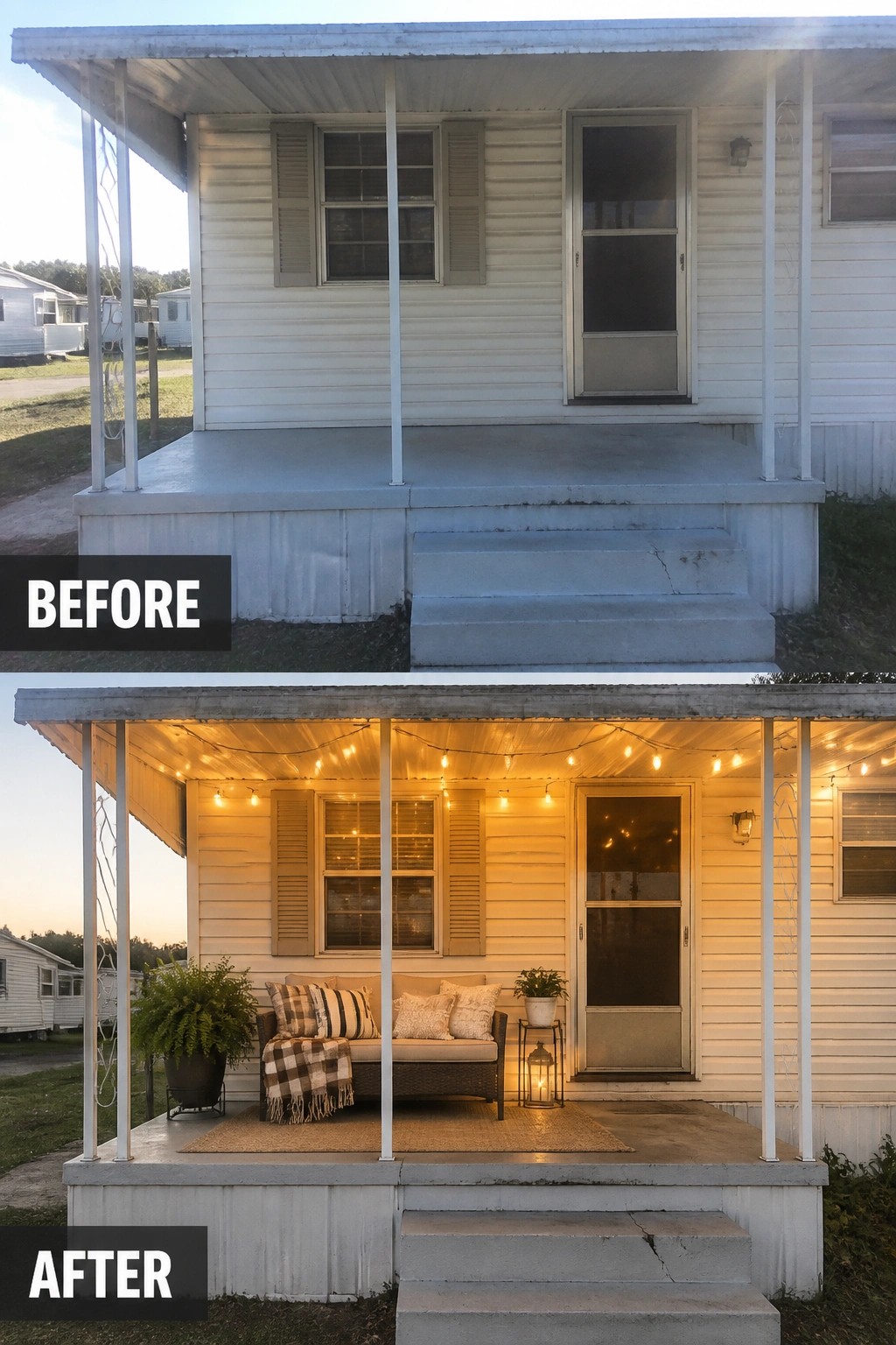 Before-and-after image of a bare mobile home porch updated with a loveseat, outdoor rug, potted plants, string lights, and a lantern.