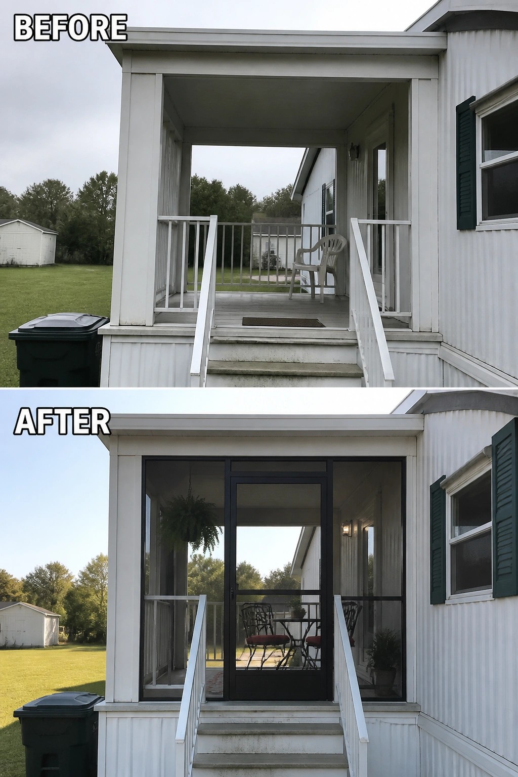 Before-and-after image of a small mobile home porch