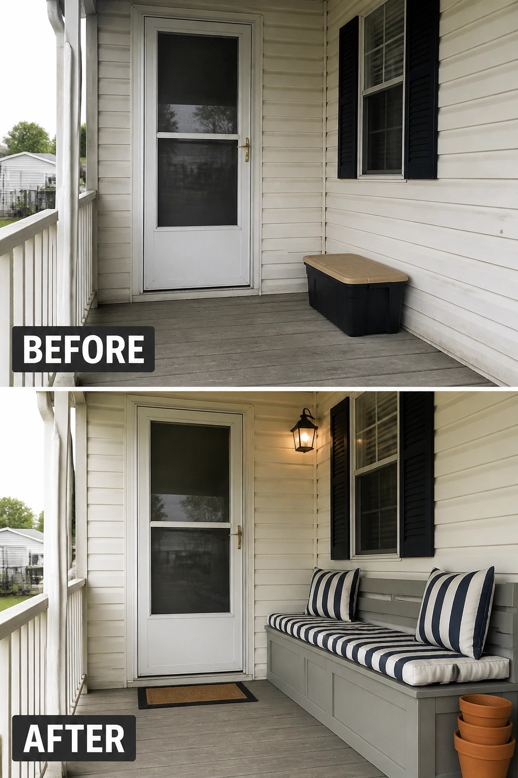 Before-and-after image of a plain mobile home porch updated with a painted storage bench, striped cushions, a wall lantern, and a doormat.