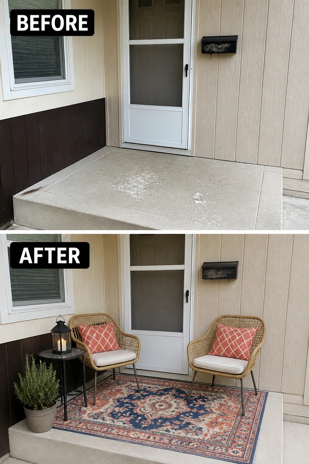 Before-and-after image of a bare concrete porch updated with an outdoor rug, two chairs, a small side table with a lantern, and a potted plant.