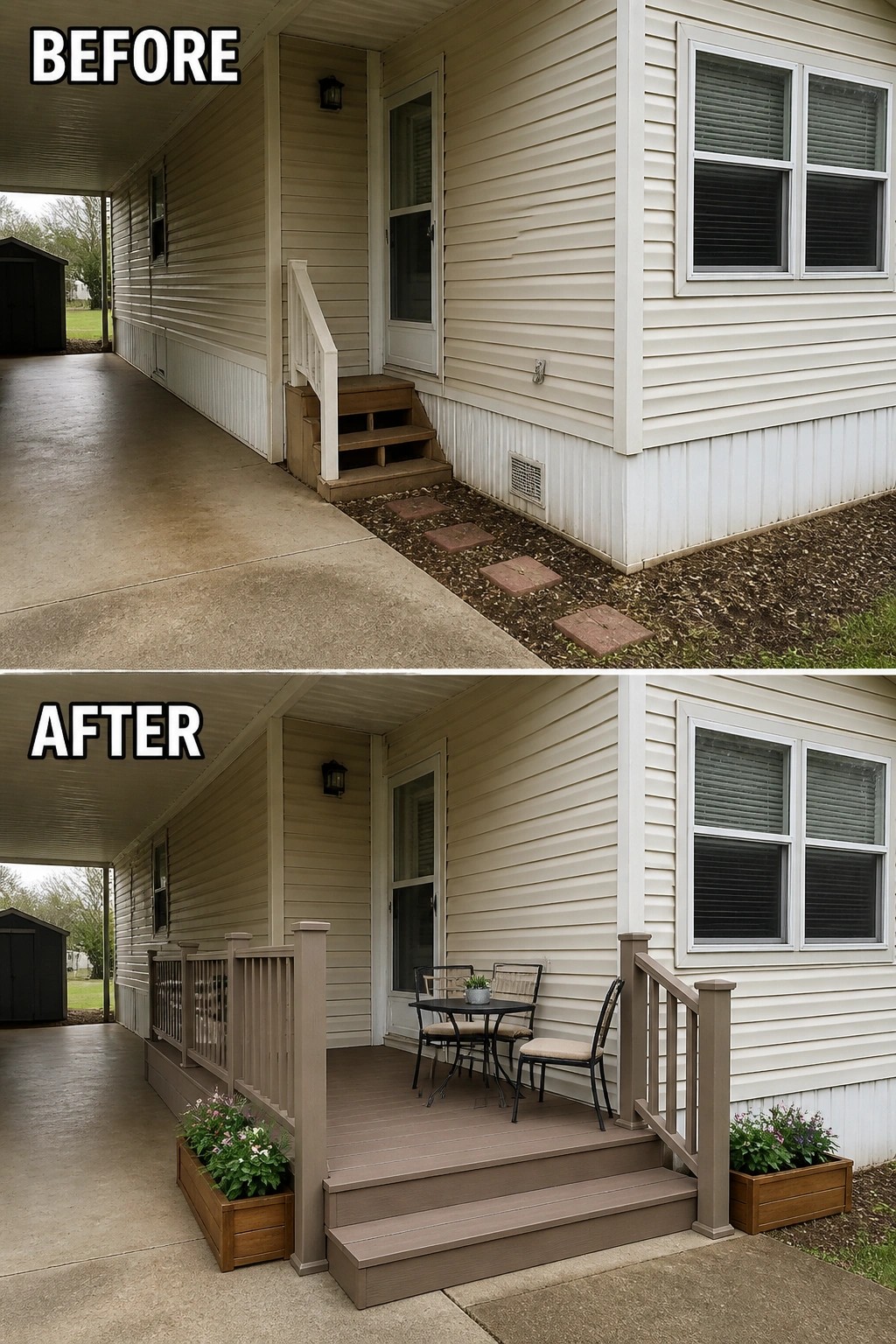 Before-and-after image of a plain mobile home side entrance updated from small wooden steps to a raised deck with railings, bistro seating, and planter boxes.
