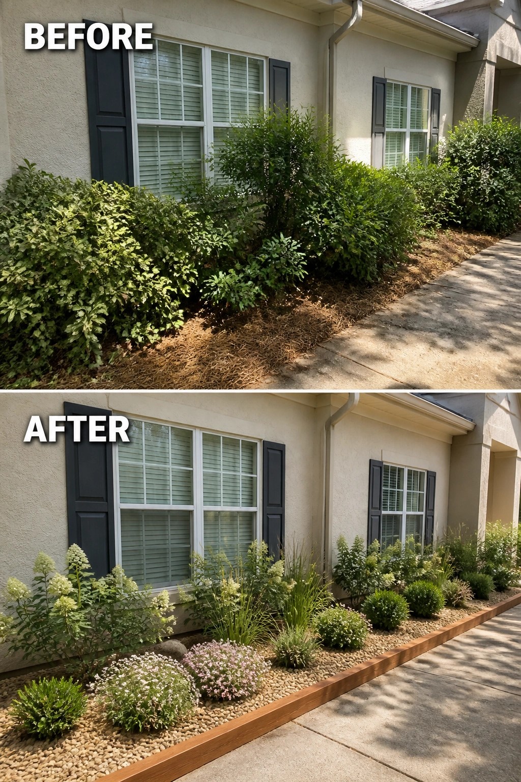 Before-and-after image of an overgrown foundation planting replaced by a neat wood-edged bed filled with gravel, small rounded shrubs, ornamental grasses, and upright flowering shrubs.