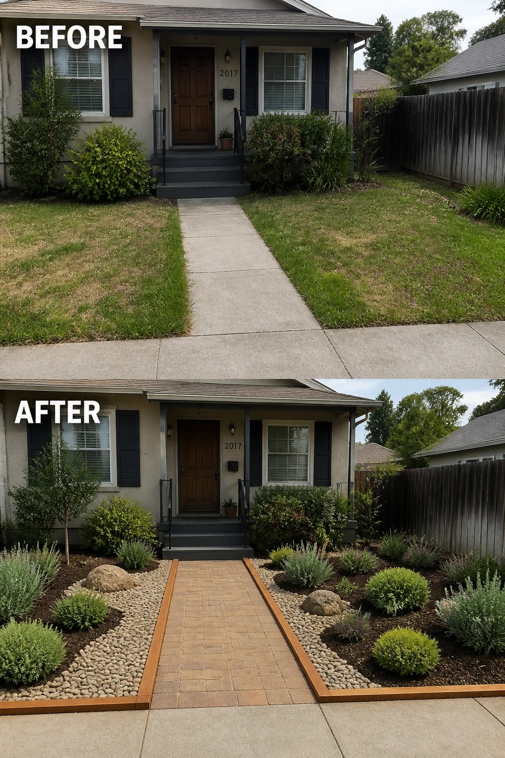 Before-and-after image of a plain front lawn and concrete walkway replaced by a paved path with wooden edging and adjacent rock-and-mulch garden beds with low shrubs.