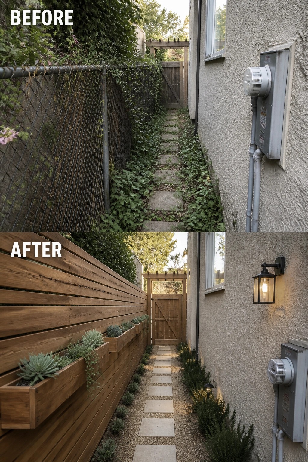 Before-and-after image of an overgrown narrow side yard converted into a neat gravel path with square pavers, raised wooden planters, and a matching wooden privacy fence.