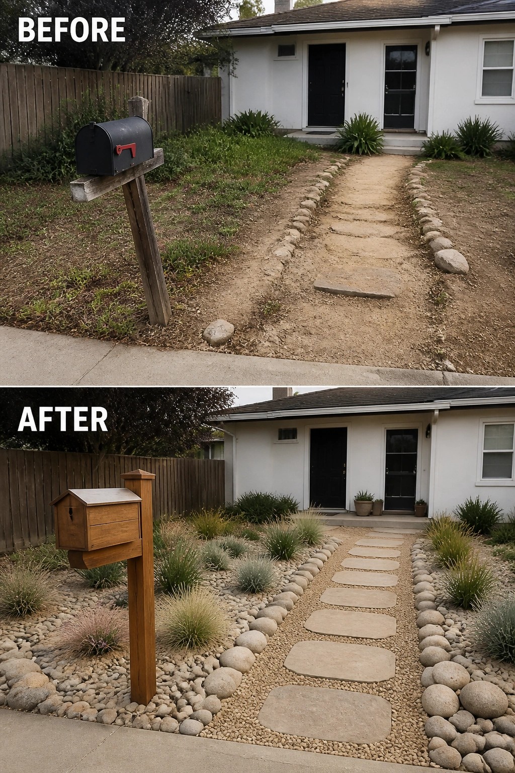 Before-and-after image showing a bare dirt front path and overgrown yard changed into a defined stepping-stone path set in gravel with river-rock edging and low clumping grasses.