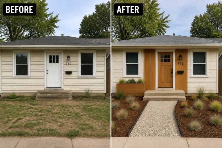 19 Cozy Small House Exterior Refreshes in Warm Wood and Soft Neutral Tones Before-and-after image of a small house exterior updated with a warm wood-front entry and added planters and simple landscaping.