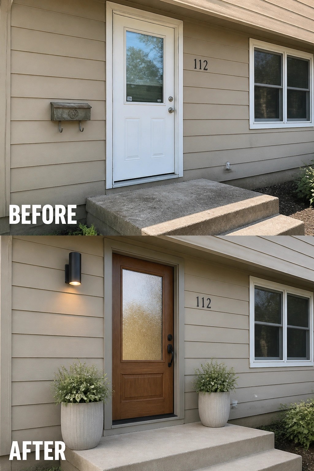 Before-and-after image of a plain front entry updated with a warm wood door and matching planters.