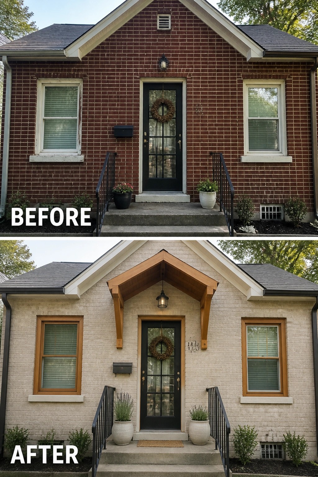 Before-and-after image of a small brick house exterior updated with a new wood gable over the front door and matching planters.