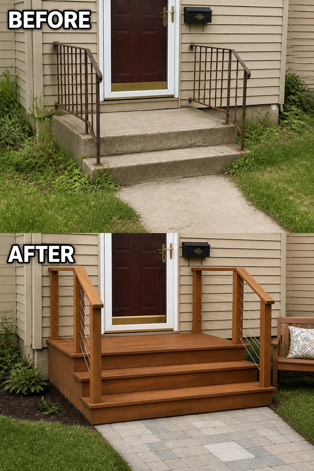 Before-and-after image of a plain concrete front stoop replaced with a warm wood entry platform featuring cable railings and a paved walkway.