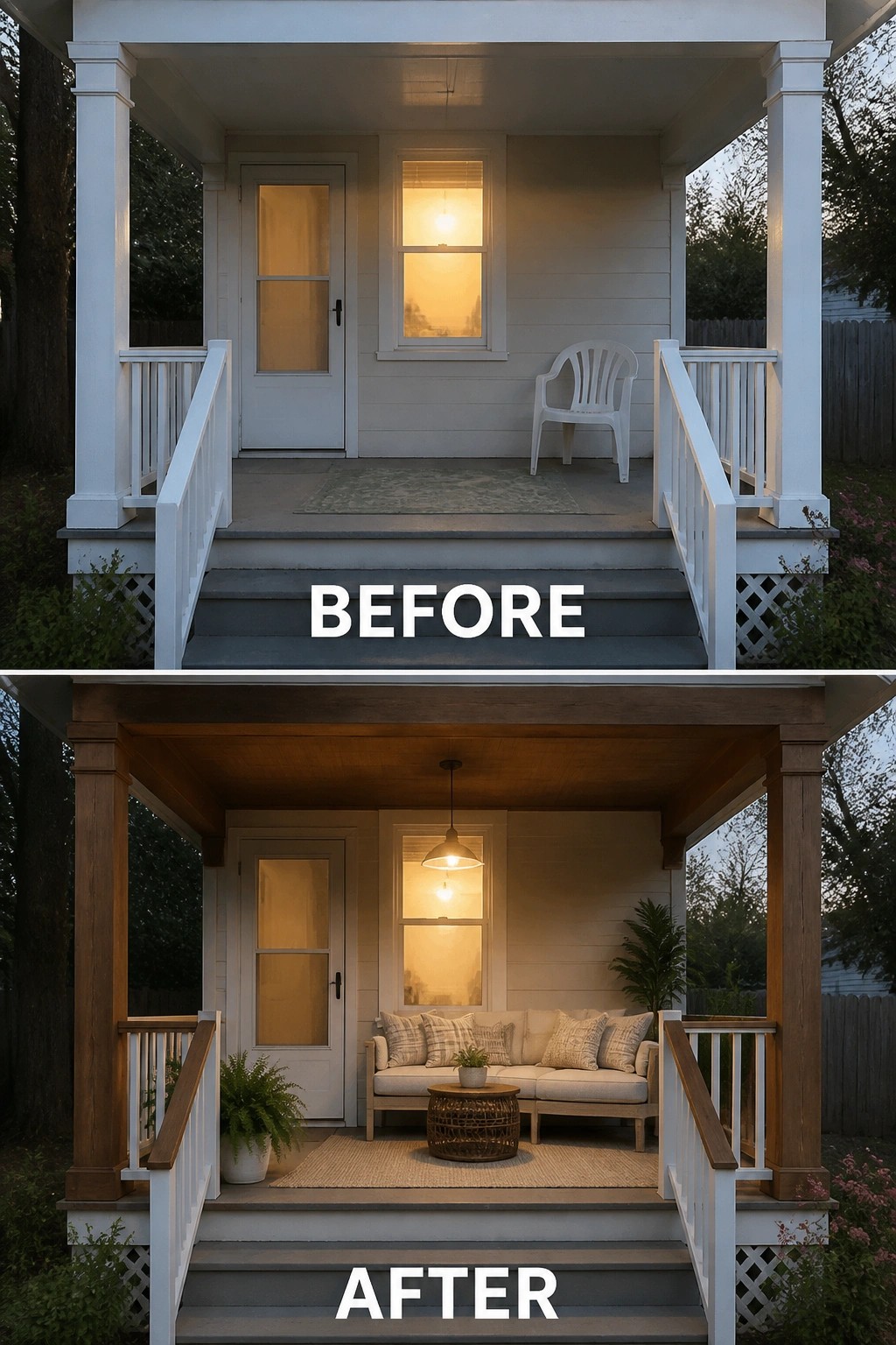 Before-and-after image of a bare front porch updated into a cozy covered seating area with a sofa, rug, pendant light, and potted plants.