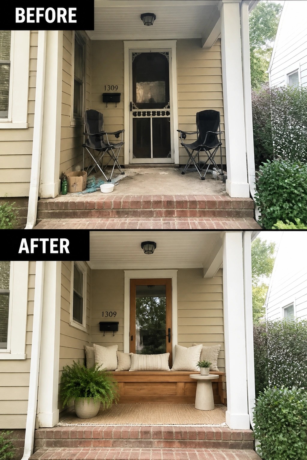 Before-and-after image of a small front porch changed from bare concrete with folding chairs to a styled entry with a wooden bench, rug, cushions, and a potted plant.