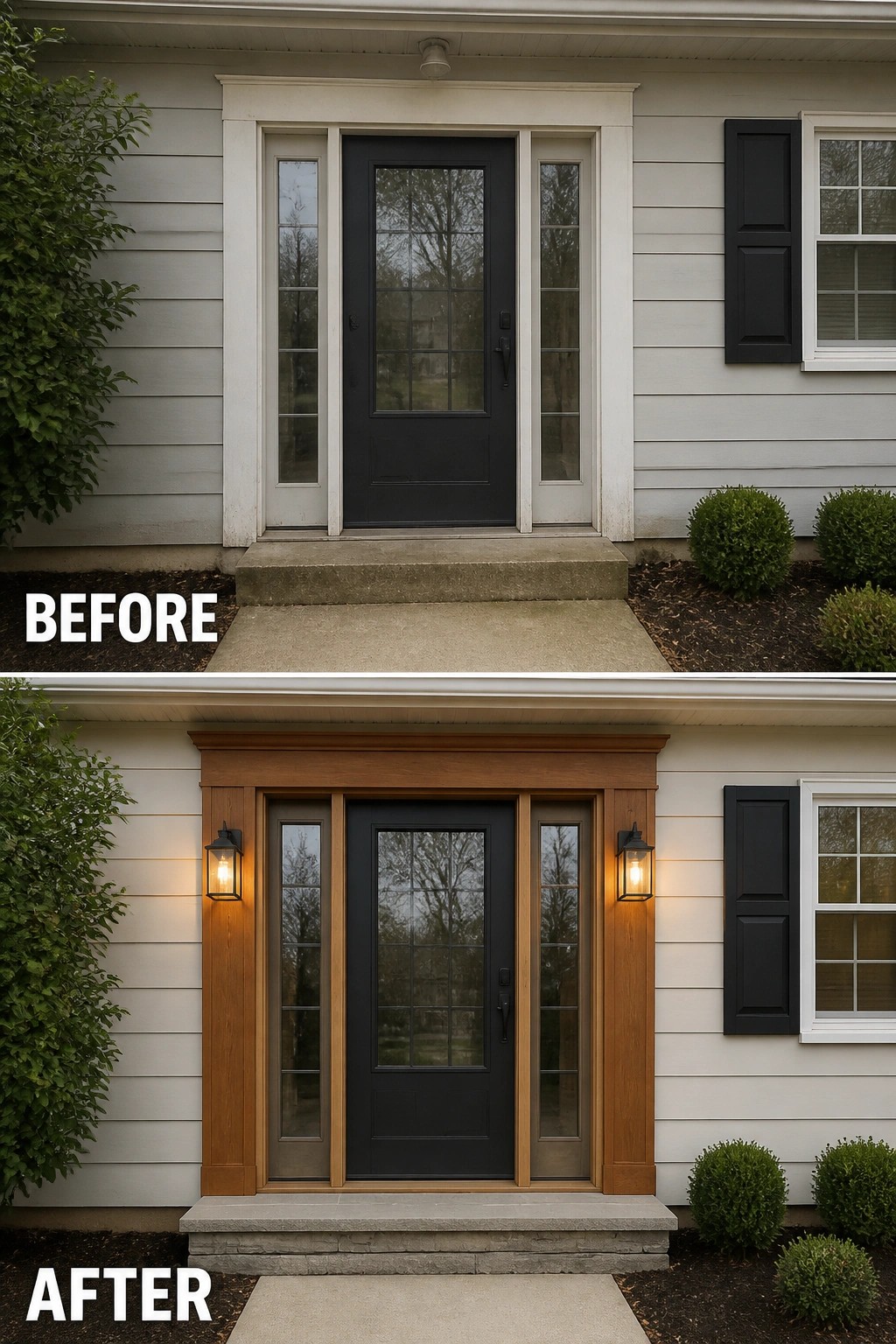 Before-and-after image of a plain front entry updated with a warm wood door surround and matching exterior lanterns.