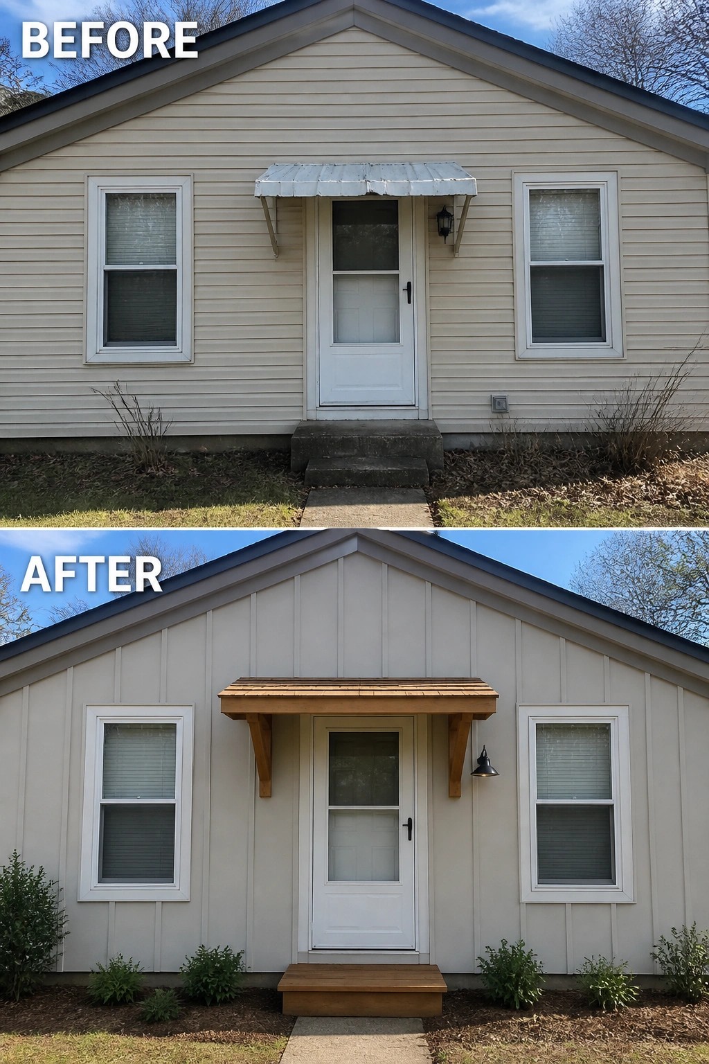 Before-and-after image of a house front where a sagging metal awning and bare doorstep are replaced by a modest wooden overhang, a small wooden stoop, and new low plantings.