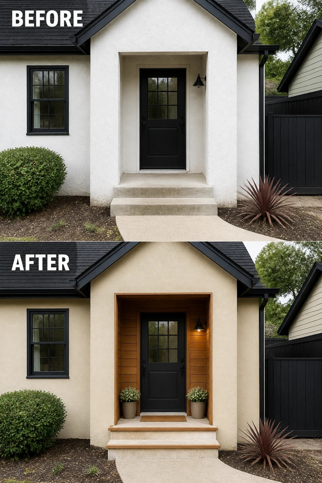 Before-and-after image of a plain recessed front entry updated with warm wood cladding, new step trim, potted plants, and a wall light.