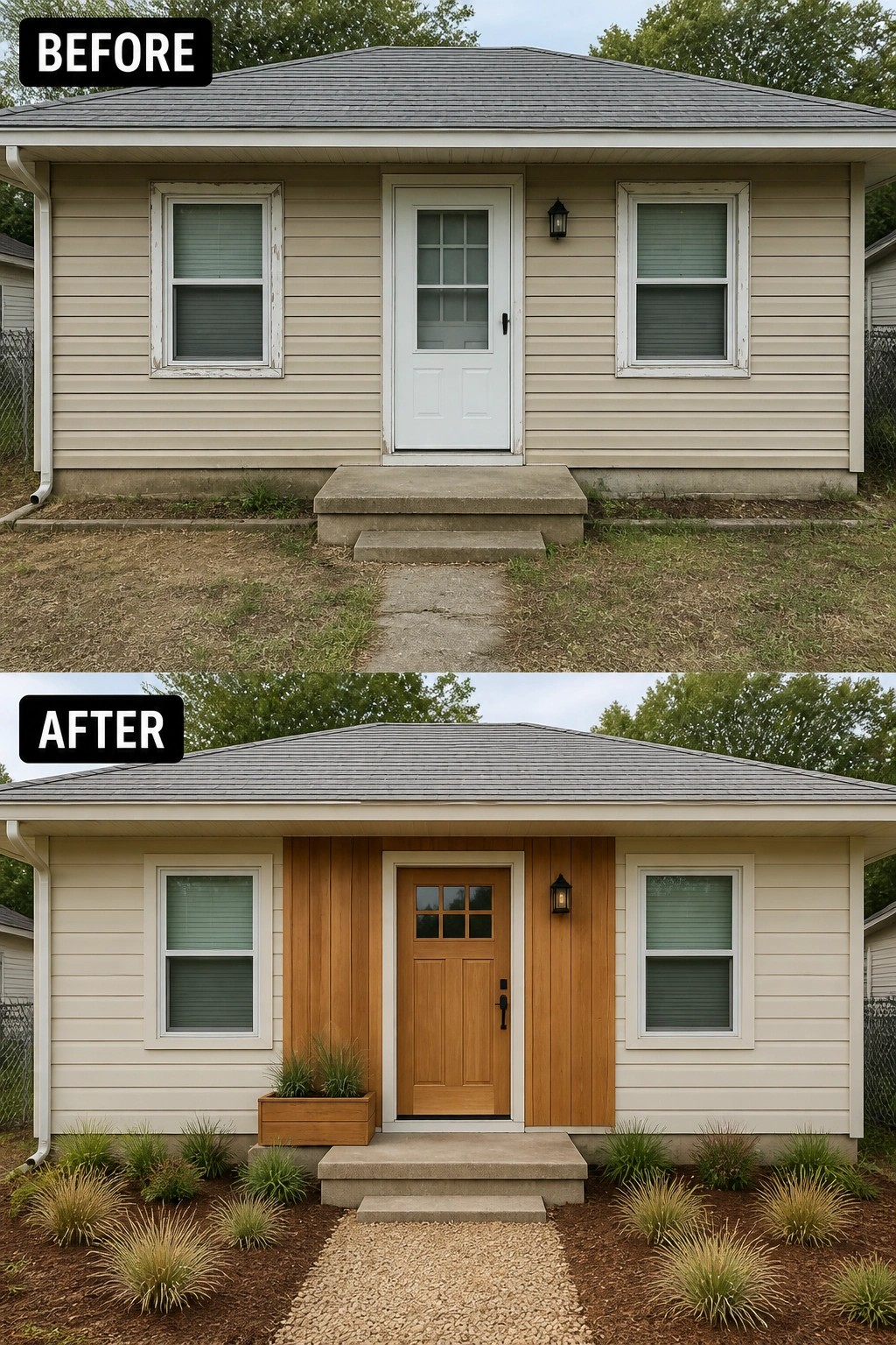 Before-and-after image of a small house exterior updated with a warm wood-front entry and added planters and simple landscaping.