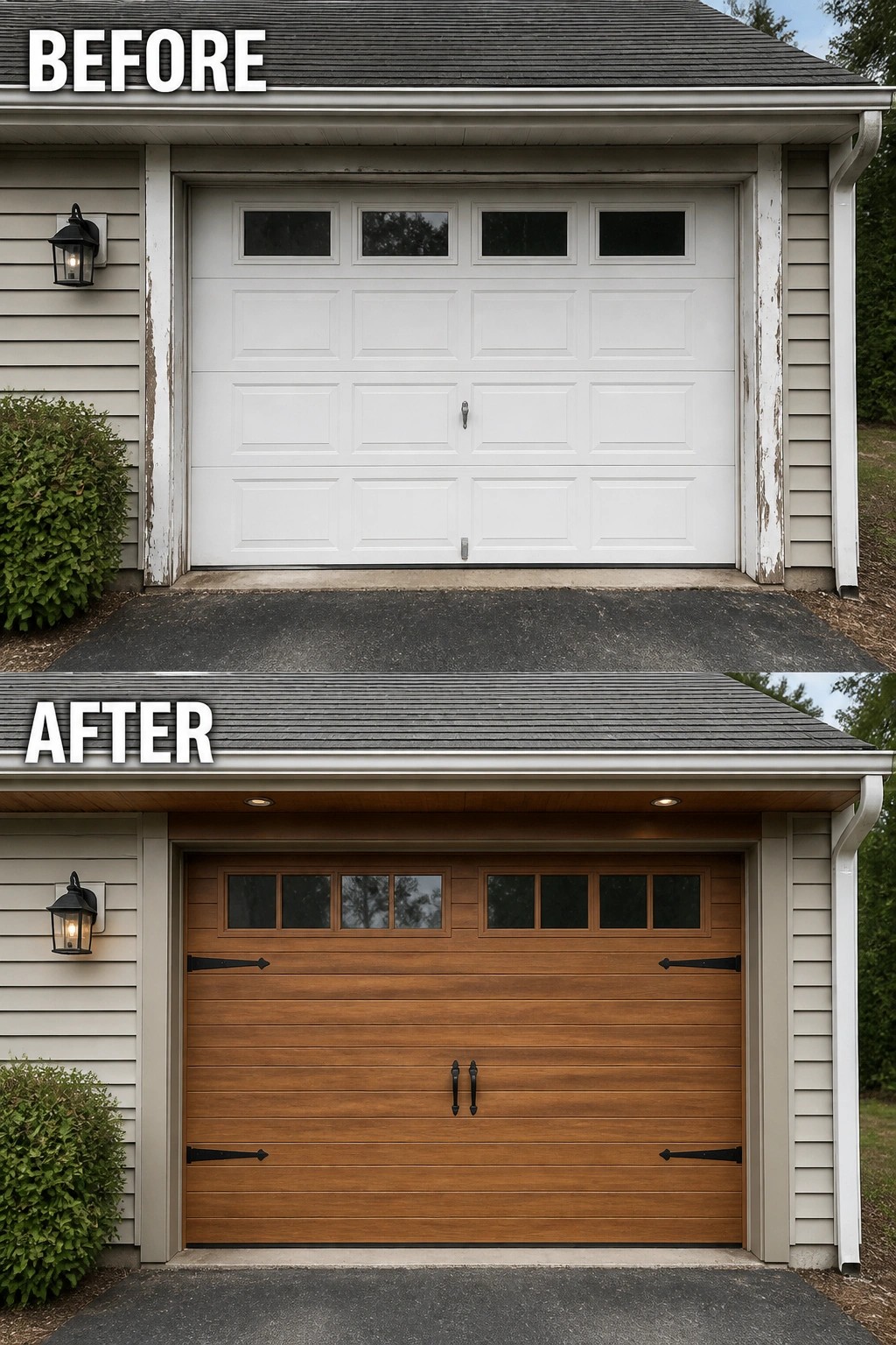 Before-and-after image of a plain white garage door replaced with a warm wood-look garage door with windows and decorative black hardware.