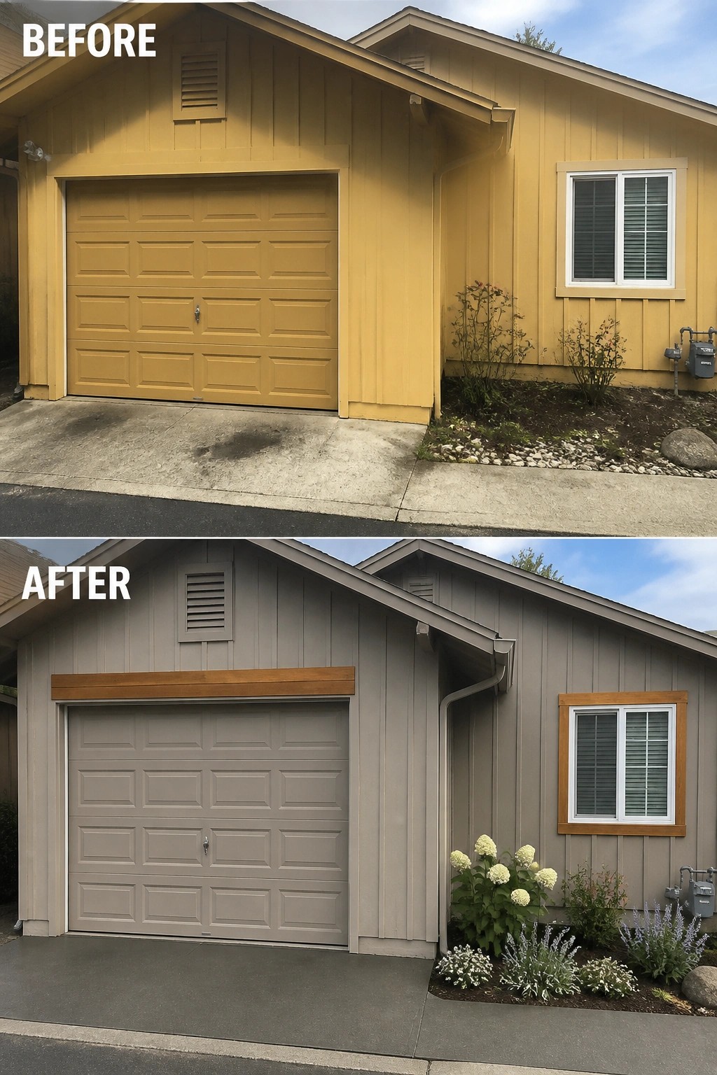 Before-and-after image of a small house exterior repainted from yellow to soft gray with new warm wood trim accents.